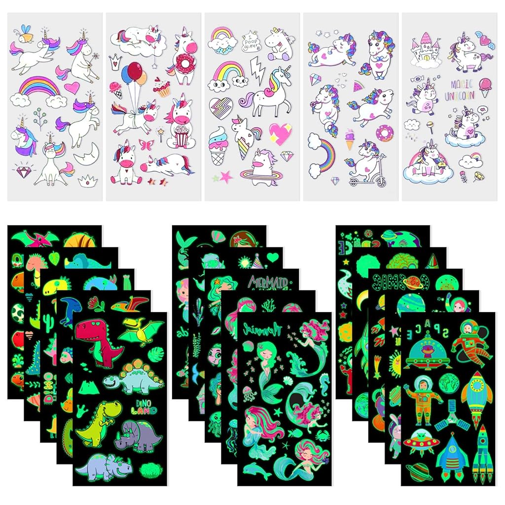 MAYCREATE 20 Sheets Waterproof Cartoon Fake Tattoo Sticker Glow in The Dark Unicorn Mermaid Outspace Dinosaur Tattoo, Boys Girls Party Supplies Gift MAYCREATE 20 Sheets Waterproof Cartoon Fake Tattoo Sticker Glow in The Dark Unicorn Mermaid Outspace Dinosaur Tattoo, Boys Girls Party Supplies Gift